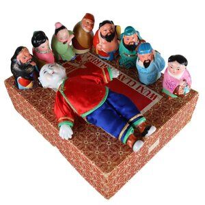 Vintage Wuxi Clay Figurines & Porcelain Doll Set w/ Box Hand Painted Chinese